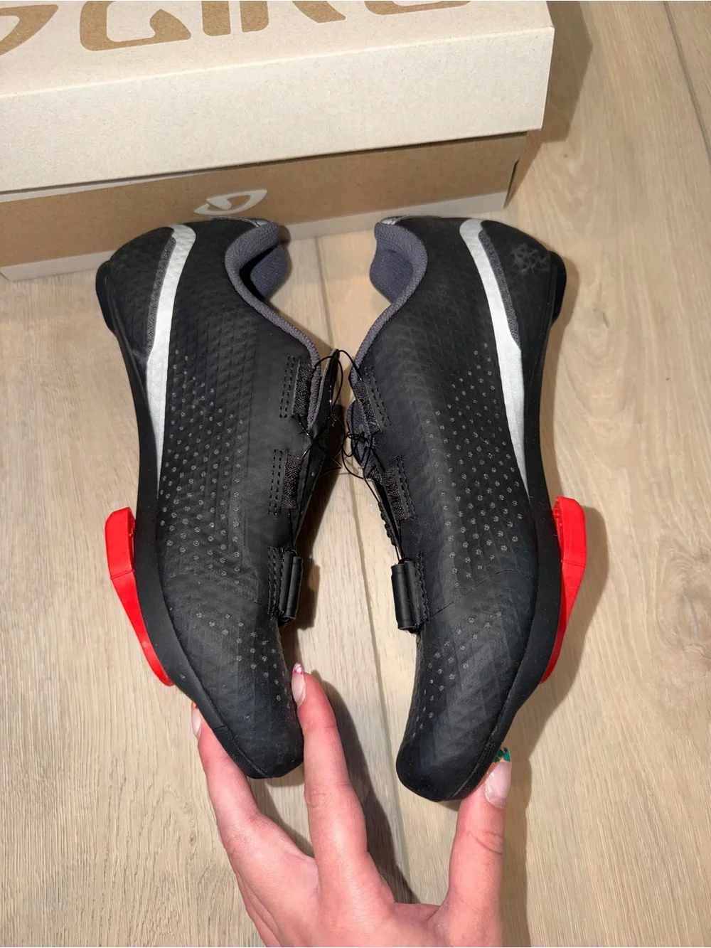 Giro Black Cycling Shoes with White Stripe and Red Cleat Inserts